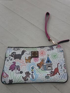 Dooney & Bourke White Cat-Print Wristlet with Pink Strap